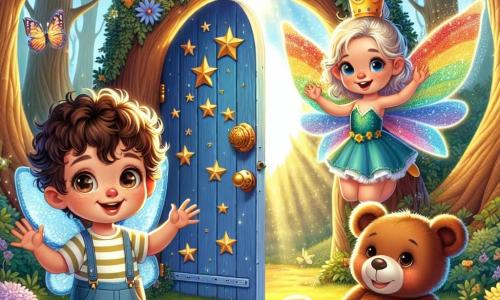 Un bambino di un anno, con capelli ricci e occhi pieni di curiosità, si trova davanti a una piccola porta magica blu decorata con stelle dorate. Sorride meravigliato, con le braccia alzate come se fosse pronto a entrare in un mondo fantastico. Accanto a lui, una bella fata di nome Fiamma, di circa 5 anni, ha ali colorate che brillano come un arcobaleno. Fluttua nell'aria, con le braccia aperte, invitando il bambino a seguirla nell'avventura. Un orso amichevole di nome Bruno, che sembra avere 6 anni, è seduto sull'erba, con un grande sorriso caloroso. Guarda Leo e Fiamma, pronto a unirsi alla loro esplorazione. Lo scenario è una foresta incantata, con alberi maestosi, fiori giganti dai colori vivaci e farfalle che danzano intorno a loro. La luce del sole filtra tra le foglie, creando un'atmosfera magica e accogliente. La scena principale mostra Leo, Fiamma e Bruno riuniti davanti alla porta magica, pronti a entrare in un mondo meraviglioso pieno di avventure e sorprese.