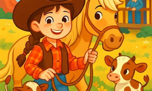 Una giovane cowgirl, Lila, di circa 10 anni, con lunghi capelli castani intrecciati e un grande cappello da cowboy, sorride con determinazione. Indossa una camicia a quadri rossa e un gilet di pelle, i suoi occhi brillano di eccitazione mentre tiene saldamente la corda del suo cavallo, Stella, una giumenta dal manto dorato e dagli occhi dolci. Accanto a lei, un vitellino carino, con un manto maculato di bianco e marrone, guarda Lila con curiosità, la sua piccola coda che scodinzola gioiosamente. Sullo sfondo, la nonna di Lila, una donna anziana con capelli grigi e un sorriso caloroso, si trova sulla veranda del ranch, osservando la scena con orgoglio. Il paesaggio è una vasta prateria dorata, punteggiata di fiori selvatici colorati, con colline rosse all'orizzonte e un cielo azzurro chiaro punteggiato di nuvole bianche. La scena principale mostra Lila e Stella che si preparano ad attraversare un piccolo ruscello scintillante, con i raggi di sole che illuminano l'acqua, mentre il vitellino le segue timidamente, creando un'atmosfera di avventura e amicizia.