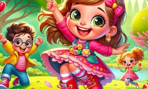 A 6-year-old girl with big bright eyes and a radiant smile wears a pink dress and large red boots. She is crouched in the green grass, holding a small pink envelope with a heart, her face beaming with excitement and curiosity. Next to her, her best friend Mia, also 6, with curly hair and a yellow jacket, jumps for joy while pointing at a heart drawn on the ground. Benji, a 6-year-old boy with glasses and a red balloon, stands slightly back, smiling enthusiastically. The setting is a sunny park filled with tall green trees, bright yellow flowers, and a small pond with ducks swimming. Cherry blossom petals gently fall around them, creating a magical atmosphere. The main scene shows Lily, full of joy, discovering a mysterious letter and deciding to lead a treasure hunt to find the intended recipient, surrounded by her encouraging friends.
