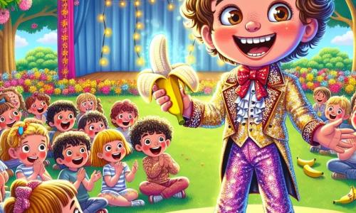 Un băiat de 8 ani, pe nume Andrei, stă pe o scenă colorată, cu un zâmbet mare pe față, ochii strălucind de emoție și un costum strălucitor decorat cu paiete. Ține o banană într-o mână, pregătit să-și prezinte numărul de magie, în timp ce bananele sunt împrăștiate în jurul lui, unele căzând pe podea. Lângă el, cea mai bună prietenă Maria, o fetiță de 7 ani cu părul creț și o rochie cu flori, aplaudă cu entuziasm, cu ochii mari de bucurie. Decorul este un parc însorit, plin de flori colorate și copaci verzi, cu un public de copii tineri așezați pe iarbă, râzând și așteptând cu nerăbdare spectacolul. Situația principală îl arată pe Andrei încercând un număr de magie hilar cu banane, unde încearcă să le facă să dispară și să reapară, provocând râsete și bucurie în rândul publicului.