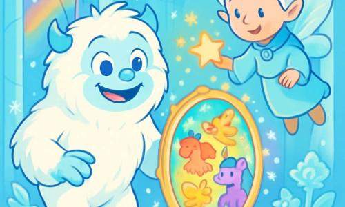 Um yeti chamado Yuki, com pelagem branca brilhante e olhos azuis claros cintilantes, está no centro da imagem, exibindo um sorriso caloroso e curioso. Ele estende a mão em direção a um espelho mágico, que brilha intensamente, revelando imagens coloridas de criaturas fantásticas. Ao seu lado, o Sonhador, uma criatura sábia com asas translúcidas e cabelos prateados, flutua levemente acima do chão. Ele tem um rosto suave e benevolente, e observa Yuki com um olhar encorajador, segurando uma estrela brilhante em sua mão. O cenário é um magnífico palácio de gelo, com paredes cintilantes que refletem a luz do sol, criando arco-íris de cores pastel. Esculturas de gelo em forma de flores e animais encantados decoram o chão, enquanto flocos de neve dançam no ar. A situação principal mostra Yuki e o Sonhador descobrindo o espelho mágico, simbolizando esperança e magia, prontos para enfrentar os desafios que os aguardam em sua busca para salvar o palácio de gelo.