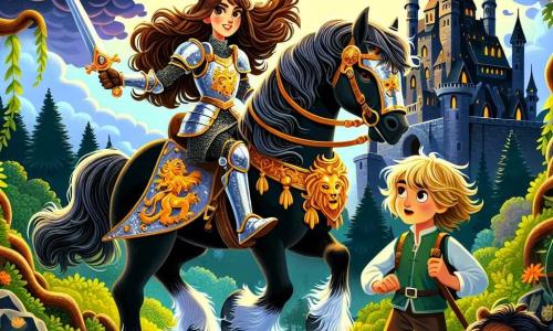 Eine mutige Ritterin, Elinor, steht stolz auf einem schwarzen Pferd namens Blitz. Sie trägt eine glänzende Rüstung mit einem goldenen Löwen, ihr Gesicht strahlt Entschlossenheit und Vertrauen aus. Ihre langen braunen Haare wehen im Wind, und sie schwingt ihr Schwert selbstbewusst, bereit, die Gerechtigkeit zu verteidigen. Neben ihr steht ein etwa 10-jähriger Junge namens Finn, der bewundernd zusieht. Er hat zerzauste blonde Haare und trägt einfache Kleidung. Er hält einen kleinen Stock, bereit, seiner neuen Freundin bei ihrer Mission zu helfen. Im Hintergrund ist die düstere Silhouette der Burg Drachenstein mit ihren hohen Steintürmen und bedrohlichen Wolken zu sehen. Lianen und Dornen umgeben den Eingang und verleihen der Szene ein mysteriöses Flair. Die Szene zeigt Elinor und Finn, die sich darauf vorbereiten, die Festung zu betreten, entschlossen, die Prinzessin zu retten. Die Stimmung ist sowohl angespannt als auch aufregend, mit goldenem Licht, das durch die Wolken bricht und Hoffnung und Mut symbolisiert.