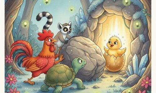 A proud, curious rooster with bright red plumage and a shiny comb leans forward, pushing a large rock with its legs; beside it, a slow, wise tortoise with a green shell patterned in yellow pushes the rock with grounded feet; an agile lemur with grey fur and a black-and-white ringed tail pulls a vine tied to the rock from slightly behind; at the center, a damp golden chick with sparkling yellow down emerges from a cracked giant golden egg at the cave entrance, all bathed in warm golden light as the rock rolls slowly and the cave opens; glowing fireflies like tiny green and yellow stars circle above a nighttime jungle clearing with bluish grasses, magenta flowers, twisted trees, and a hidden cave framed by shimmering crystals and silver moss, creating an atmosphere of wonder and friendship.