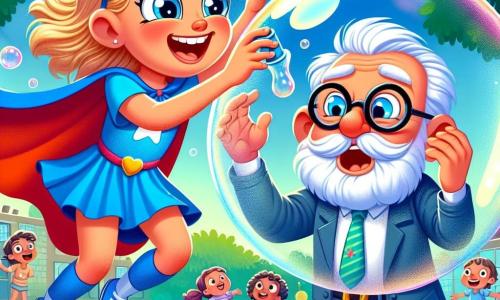 Super-Mira, o fetiță veselă de aproximativ 8 ani, poartă o pelerină albastră strălucitoare care flutură în spatele ei. Are ochi mari și strălucitori și un zâmbet larg, în timp ce suflă ușor pentru a crea un imens balon de săpun care se ridică în aer. Lângă ea se află profesorul, un bărbat de aproximativ 50 de ani cu ochelari rotunzi și barbă albă, care râde fiind ușor prins într-un mic balon de săpun. Arată amuzat și surprins, cu brațele ridicate. Scena are loc într-o curte de școală colorată, cu copaci verzi luxurianți, flori strălucitoare și copii care se joacă în fundal, toți captivați de spectacol. Situația principală o arată pe Super-Mira demonstrându-și super-puterea comică, creând un balon de săpun uriaș care, din întâmplare, îl prinde pe profesor, provocând râsete și bucurie printre ceilalți copii.
