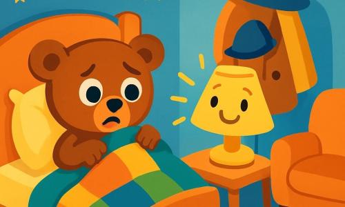 A small teddy bear, Teddy, is sitting on a cozy bed, his round, shiny eyes showing that he is worried and a bit scared. He is covered with a soft, colorful blanket, with a button nose and rounded ears. Next to him, a lamp shaped like a mother, with a smiling lampshade and rays of golden light, brightens the room. It has a warm and reassuring expression, as if telling Teddy that he has nothing to fear. The room is filled with colorful toys, with pastel blue walls and twinkling stars on the ceiling. A small fluffy rug is on the floor, and a comfortable armchair is near the bed. Teddy, holding his blanket, looks curiously towards a chair where his hat and coat are, thinking they might be a monster. The lamp's light gently illuminates the scene, creating a comforting and warm atmosphere.