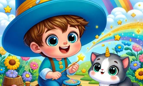 Un bambino di 5 anni, Timmy, con un grande sorriso e occhi scintillanti di curiosità, indossa un enorme cappello blu con stelle dorate che sembra quasi troppo grande per lui. Sta raccogliendo ingredienti colorati per la sua pozione magica, con barili di polvere scintillante e bottiglie di latte di unicorno intorno a lui. Accanto a lui, Micio, un adorabile gattino dai peli grigi e occhi verdi brillanti, guarda Timmy con aria divertita, pronto ad aiutarlo nelle sue avventure. È seduto su un piccolo tavolo di legno, circondato da biscotti a forma di pesce, in attesa che la festa cominci. La scena si svolge in un giardino incantato, pieno di fiori multicolori, girandole che girano e palloncini fluttuanti, sotto un cielo blu punteggiato di nuvole soffici. Timmy, tutto eccitato, cerca di lanciare la sua incantesimo per far volare i gatti, ma invece si ritrova a rimbalzare felicemente nell'aria, provocando scoppi di risate in Micio e negli altri gatti che lo osservano con occhi sbalorditi.
