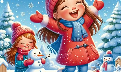 A 5-year-old girl named Lily, with long brown hair and rosy cheeks, is joyfully laughing in a snowy landscape. She is wearing a bright red coat, wool gloves, and shiny boots, raising her arms to the sky, amazed by the falling snowflakes. Next to her, her mother, a woman in her thirties with brown hair and a warm smile, is building a snowman. She is wearing a blue coat and a wool hat, looking at her daughter tenderly while holding a carrot for the snowman's nose. The setting is a magical winter garden, with trees covered in sparkling snow, bushes adorned with snowflakes, and a clear blue sky dotted with fluffy white clouds. The ground is covered in a thick layer of snow, creating a bright and enchanting landscape. The main scene shows Lily and her mother building a snowman, surrounded by dancing snowflakes, sharing laughter and moments of joy, capturing the cheerful spirit of winter.