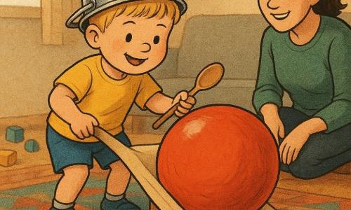 Ein 4-jähriger Junge, begeistert und konzentriert, rundes Gesicht, rosige Wangen, kurzblondes Haar, trägt gelbes T‑Shirt und blaue Shorts, nutzt einen kleinen Metalltopf als Helm und einen Holzlöffel als Zauberstab, lehnt sich über einen großen, glänzenden, kräftig roten Ball, den er sanft an eine mit einer zusammengerollten Decke gebildete Rampe schiebt; eine etwa 30-jährige, lächelnde, aufmerksame Mutter mit zusammengebundenem braunem Haar und grünem Pullover hockt rechts neben einer hellbraunen Pappkiste auf einem bunten, geometrischen Teppich und schaut zu. Der Ball steckt halb unter einem hellen Holztisch; Wohnzimmer warm eingerichtet mit dickem Teppich, Couchtisch, verstreuten Spielzeugen und weichem Licht von links. Szene: entschlossener, fröhlicher Junge beim Schieben des Balls, ermutigende Mutter daneben, Moment kurz vor Erfolg. Grafikstil: weiche Linien, warme gesättigte Farben, leicht körnige Zeitungspapiertextur.