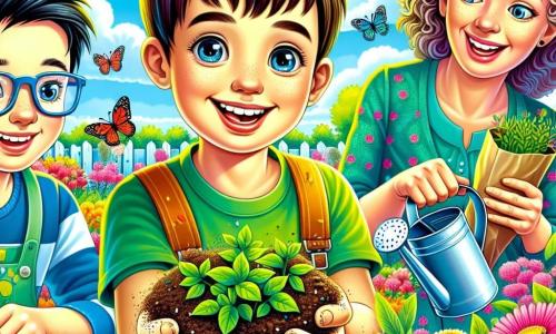 Een 10-jarig jongen, Milan, met kastanjebruin haar en sprankelende ogen, staat in het midden van een bloeiende tuin met een grote glimlach op zijn gezicht, zijn handen vol aarde terwijl hij zaden in de grond plant. Naast hem kijkt zijn vriend Tim, ook een 10-jarige jongen met een bril en blond haar, enthousiast toe met een zakje zaden in zijn hand, klaar om ze te zaaien. Op de achtergrond is hun lerares, mevrouw Jansen, een vrouw van rond de dertig met krullend haar en een warme glimlach, die hen aanmoedigt terwijl ze een gieter vasthoudt. De tuin is levendig van kleuren, vol met kleurrijke bloemen, fladderende vlinders en een stralende blauwe lucht, wat een vrolijke en lenteachtige sfeer creëert. De scène toont Milan en Tim die enthousiast samenwerken om een mooie tuin te creëren die vlinders en bijen zal aantrekken.