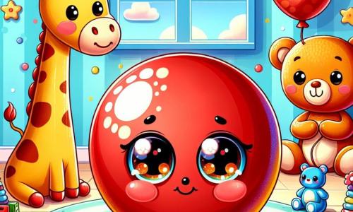 Ein kleiner roter Ball, rund und weich, mit glänzenden Augen und einem traurigen Gesichtsausdruck, steht im Mittelpunkt einer fröhlichen Szene. Er rollt sanft über einen bunten Teppich, umgeben von Spielzeugen, während eine Träne auf seiner Oberfläche funkelt. Links von ihm beugt sich eine große gelbe Giraffe mit braunen Flecken, die sanft lächelt, zu ihm hinunter, ihre großen Augen voller Mitgefühl. Rechts von ihm hält ein blauer Plüschbär mit einem tröstlichen Lächeln eine kleine bunte Blume in seinen Pfoten, bereit, sie dem Ball zu schenken, um ihn zu trösten. Der Ort ist ein charmantes Kinderzimmer, gefüllt mit lebhaften Farben und verstreuten Spielzeugen, mit himmelblauen Wänden und schwebenden weißen Wolken. Im Hintergrund lässt ein Fenster Sonnenlicht herein, das die Szene in sanfte Wärme taucht. Die Hauptsituation zeigt den roten Ball, umgeben von seinen Freunden, die sich an ihre Freundin die grüne Schildkröte erinnern, mit melancholischen Lächeln und Lachen, während sie gemeinsam die glücklichen Erinnerungen feiern und der Traurigkeit ihres Abschieds ins Auge sehen.