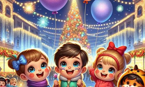En una gran plaza iluminada por miles de luces de colores, cuatro niños están juntos, llenos de emoción. Miguel, un niño de tres años y medio con cabello castaño y ojos brillantes, sostiene un gran globo en forma de elefante. A su lado, Ana, una niña de tres años con un bonito lazo rojo en su cabello rubio, canta alegremente levantando los brazos. Tomás, un niño de tres años con gafas y cabello negro, se pinta la cara de tigre, con una gran sonrisa. Finalmente, Clara, una niña de tres años con cabello castaño y un triciclo rojo, pedalea a su alrededor, riendo a carcajadas. La escena tiene lugar en una plaza animada, rodeada de grandes edificios decorados con guirnaldas brillantes y un inmenso árbol de Navidad en el centro, cubierto de bolas de colores y luces parpadeantes. Fuegos artificiales iluminan el cielo estrellado, creando una atmósfera festiva y mágica. Los niños se preparan para celebrar el Año Nuevo, contando los segundos antes de las doce campanadas, listos para hacer un deseo juntos bajo los fuegos artificiales.