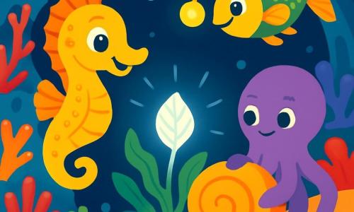 A small yellow seahorse named Bubbles, with sparkling eyes and a joyful smile, swims enthusiastically in a crystal-clear sea. Her delicate body is adorned with fine patterns, and her curled tail shows her excitement. Next to her, an octopus named Inky, with colorful arms and a friendly face, uses his tentacles to push a large shell, displaying a determined expression. Nearby, a glowing fish named Glimmer, with golden and green scales, lights the way with its soft glow, smiling kindly. The setting is a beautiful coral cave filled with vibrant corals in bright red, orange, and purple, with air bubbles floating around. The main scene shows Bubbles discovering the Sparkling Leaf hidden among the seaweed, illuminating the water with a silvery glow, while her friends cheer her on in amazement.