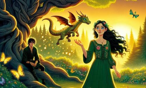 No centro da imagem, Calista, uma jovem de cerca de 16 anos, se destaca sob uma majestosa árvore antiga. Ela tem cabelos negros como a noite, olhos azuis brilhantes e veste um vestido de linho verde com padrões florais. Sua expressão é determinada, com um leve sorriso de confiança, enquanto levanta uma mão para o céu, como se estivesse chamando a magia. Ao seu lado, Pyrrhos, um pequeno dragão dourado com escamas cintilantes, voa alegremente ao seu redor, emitindo uma luz quente. Ao fundo, um homem misterioso, na casa dos trinta anos, com cabelos escuros e uma expressão astuta, observa Calista com intensidade, à entrada de uma caverna escura. O cenário é uma clareira verdejante, iluminada pela luz dourada do sol poente, cheia de flores coloridas e borboletas. A grande árvore, com ramos retorcidos e folhagem densa, parece quase viva, como se protegesse um segredo oculto abaixo. A cena principal mostra Calista usando sua magia para criar luzes brilhantes que dançam ao seu redor, distraindo o homem misterioso, enquanto Pyrrhos voa acima deles, pronto para defender sua amiga.