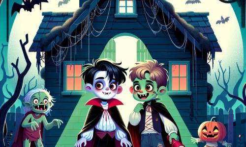 Ein 10-jähriger Junge, Tim, steht im Zentrum des Bildes, gekleidet in ein schwarzes Vampirkostüm mit einem langen Mantel und einem roten Umhang. Sein Gesicht ist leicht weiß gepudert, und er hat einen neugierigen und etwas ängstlichen Ausdruck mit weit geöffneten Augen. Neben ihm steht sein Freund Max, ebenfalls 10 Jahre alt, verkleidet als Zombie mit grüner Haut und zerrissenen Kleidern, der enthusiastisch lächelt und eine Taschenlampe hält, die ihren Weg erleuchtet. Im Hintergrund erhebt sich das alte Geisterhaus, düster und geheimnisvoll, mit zerbrochenen Fenstern und Spinnweben, umgeben von verdrehten Bäumen im Mondlicht. Die Szene zeigt Tim und Max, die sich darauf vorbereiten, in das Geisterhaus einzutreten, während ihre Silhouetten sich vor dem nächtlichen Hintergrund abzeichnen, während eine kleine Blume, Flitzi, fröhlich um sie herumfliegt und dieser Halloween-Abenteuer eine magische Note verleiht.