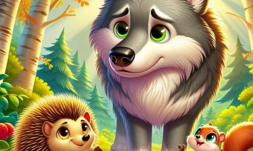 Un gran lobo gris, con un pelaje suave y ojos tristes, se encuentra en el centro de la escena, mirando con curiosidad y un toque de timidez. Tiene grandes orejas puntiagudas y un hocico alargado, y parece dudoso, como si quisiera acercarse pero temiera ser rechazado. A su derecha, un pequeño erizo de púas doradas, llamado Piquitos, muestra una sonrisa alentadora y ojos brillantes de determinación. Se mantiene orgulloso y listo para defender a su nuevo amigo. A su izquierda, una ardiente ardilla pequeña, Lola, con pelaje marrón y una cola esponjosa, salta alegremente, mostrando su entusiasmo y confianza. El decorado es un hermoso bosque verde, con árboles majestuosos de hojas brillantes, flores coloridas esparcidas por el suelo y un suave rayo de sol filtrándose a través de las ramas. La situación principal muestra al lobo, Piquitos y Lola reunidos, listos para enfrentar juntos a los otros animales del bosque, ilustrando un momento de camaradería y comprensión, donde el lobo, aunque grande e imponente, está rodeado de amistad y calidez.