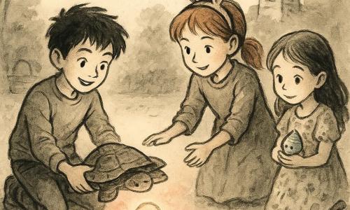 Un niño de 12 años, Leo, alegre pero concentrado, cabello castaño despeinado, ojos avellana, con suéter verde y vaqueros, se arrodilla y levanta suavemente una piedra plana con forma de tortuga para revelar un gran huevo luminoso; a su lado Nora, niña de unos 10 años, traviesa y protectora, pelo pelirrojo en coletas y orejas de conejo de tela, lista para ayudar; Claudia, de unos 7 años, tímida y luego maravillada, con vestido de flores, sostiene un pequeño huevo azul que canta y sonríe desde atrás; el Conejo de Pascua antropomorfo, pequeño, con chaleco azul y reloj de bolsillo, observa desde una mesa baja, aliviado; el jardín del barrio con un pequeño campanario de piedra, círculo de piedras planas entre margaritas y césped, guirnaldas y mesas con cestas al fondo; momento de descubrimiento colectivo: la piedra se eleva, el huevo brilla con halo rosado y dorado, luz suave y atmósfera cálida; estilo: trazos de tinta fluidos, lavados suaves, textura de papel, contraste de tinta negra con toques sutiles de rosa y dorado.