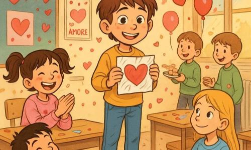 Tommaso, ragazzo di 10 anni dai capelli castani spettinati e occhi nocciola, sorride emozionato su una piccola pedana al centro della classe tenendo un foglio stropicciato con un grande cuore disegnato; Giulia, 10 anni, capelli castani in due codine, vivace e ridanciana, applaude in prima fila a sinistra indossando un maglione rosa macchiato di succo; Sofia, 10 anni, capelli biondi lisci, dall'aria dolce, è seduta a destra con una astuccio rosso, sorride a Tommaso; Leo, 10 anni, basso e tozzo, vicino al termosifone, condivide una scatola di biscotti tendendone uno a un compagno; Pietro, 10 anni, capelli neri, buffo emarginato con un grande sorriso, ride appoggiato sulla sedia accanto a Giulia; l'insegnante, donna sui 30–40 anni con capelli corti e occhiali rotondi, sta dietro Tommaso con le mani incrociate e occhi leggermente lucidi, sorriso benevolo. L'aula è decorata per San Valentino con ghirlande di cuori rossi e rosa, palloncini, poster colorati, banchi in legno con carta e matite, una finestra che lascia entrare un raggio di sole; atmosfera calda e festosa, bambini che ridono, biscotti sui tavoli, coriandoli e cuori di carta che fluttuano, focus su Tommaso che pronuncia il suo discorso commosso mentre gli amici applaudono.