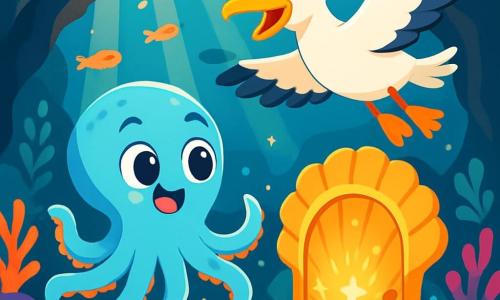 Un pequeño pulpo azul cielo, llamado Lolo, nada alegremente bajo el agua, con sus ocho tentáculos ondulando con entusiasmo. Sus grandes ojos brillantes expresan curiosidad y asombro mientras descubre una luz mágica en el fondo del mar. A su lado, una gran gaviota blanca, Gala, con un plumaje resplandeciente y un pico amarillo brillante, vuela sobre él, mostrando una sonrisa amistosa y alentadora. Ella parece emocionada, lista para explorar este misterio con Lolo. El decorado es una cueva submarina, llena de corales coloridos, peces brillantes y plantas marinas que bailan suavemente al ritmo de las olas. Rayos de luz filtran a través del agua, iluminando la escena con un brillo dorado y encantado. Lolo y Gala se dirigen hacia una puerta de conchas, intrigados por la luz que brilla detrás de ella, listos para descubrir los secretos ocultos de la cueva.