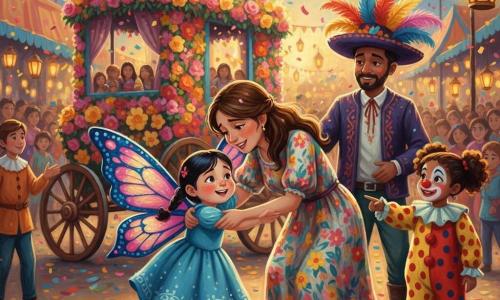 Niña de 4 años, Lucía, rostro redondo y pecas, cabello negro en coletas, sonrisa aliviada, lleva un gran disfraz de mariposa con alas azules y rosas con purpurina y corre hacia los brazos de su madre; la madre, mujer de unos 30 años, rostro dulce, vestido largo de flores y cabello castaño suelto, la abraza emocionada; otra niña de unos 5 años, Carla la payasita, maquillaje ligero y nariz roja, disfraz de payaso a lunares amarillos y rojos, sonríe y señala la gran carroza; un hombre de unos 40 años con sombrero de plumas multicolor y chaqueta bordada está detrás con gesto amistoso; carnaval al atardecer con una carroza cubierta de flores rosas, amarillas y naranjas, guirnaldas, faroles, confeti, gente difuminada, luz dorada, ambiente festivo, movimiento de telas y alas, gotas de pintura y textura acrílica gruesa.