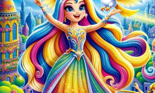 Luna, een superheldin, is een vrouw met lange golvende haren die glanzen als de maan. Haar ogen zijn felblauw en ze draagt een glinsterend kostuum in heldere kleuren, met sprankelende vleugels die haar laten vliegen. Ze glimlacht vrolijk, wat haar vastberadenheid en vriendelijkheid toont, terwijl ze op de top van een hoge toren staat, klaar om te helpen. Naast haar vliegt een klein vogeltje met gouden veren, dat dankbaar en gelukkig lijkt. De achtergrond is een magische stad met kleurrijke gebouwen, bloeiende tuinen en een blauwe lucht vol zachte wolken. In de verte valt er een prachtige regen van licht uit een sterrenregen, die de scène verlicht. De belangrijkste situatie toont Luna die vliegt met open armen, terwijl ze het vogeltje helpt ontsnappen uit een hoge tak. De kinderen in de stad, beneden, heffen hun armen op en glimlachen, terwijl ze hun heldin bewonderen en haar daden van moed vieren.