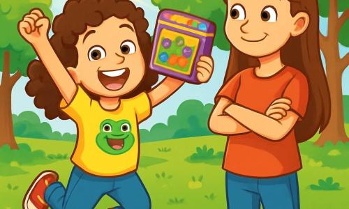 Mia, ein 7-jähriges Mädchen mit lockigem Haar und strahlenden Augen, trägt ein T-Shirt mit einem lächelnden Frosch und Jeans. Sie springt vor Freude, ein großes Lächeln auf ihrem Gesicht, während sie eine Box mit bunten Murmeln in den Händen hält. Neben ihr steht ihre große Schwester Emma, 10 Jahre alt, mit langen, glatten Haaren, die stolz mit verschränkten Armen auf Mia schaut. Sie befinden sich in einem grünen Park, umgeben von leuchtenden Bäumen und bunten Blumen, mit einer großen Picknickdecke zu ihren Füßen. Die Hauptsituation zeigt Mia und Emma, umgeben von ihren Freunden, die alle eine erfolgreiche Schatzsuche feiern, lachen und Spaß haben unter einem strahlend blauen Himmel, mit Sonnenstrahlen, die die Szene erhellen.