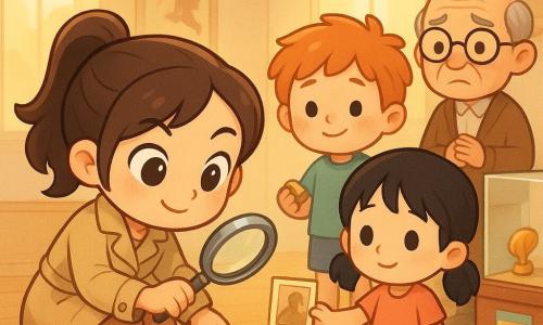 O detectivă (Ana), zâmbitoare și concentrată, cu păr castaniu prins în coadă, purtând un trench bej și bocanci, se gândește la o lupă strălucitoare ținută aproape de o urmă de ciocolată pe parchet; Mia, o fetiță de circa 6 ani cu două cozi negre, timidă dar curioasă, întinde o fotografie îngălbenită; Alex, băiat de aproximativ 8 ani cu păr roșcat ciufulit și urme de ciocolată pe buză, ține un mic obiect strălucitor găsit; paznicul în vârstă de circa 65 de ani, cu ochelari rotunzi, privește ușurat lângă o vitrină deschisă; decorul e o sală de muzeu luminoasă cu parchet lucios, afișe de aventură și raze aurii care pătrund pe ferestre, atmosferă caldă, blândă și prietenoasă, culori pastel clare și contururi rotunjite.