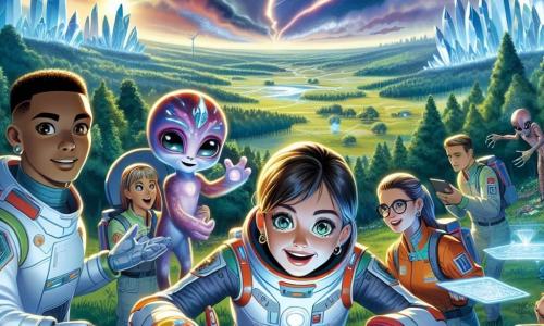 A cena ocorre na superfície de um planeta extraterrestre, onde se estende uma paisagem fantástica de florestas luminescentes e enormes montanhas de cristal cintilante. Em primeiro plano, a capitã Ana Sofia Ribeiro, uma mulher de trinta anos, com cabelos castanhos e olhos curiosos, usa um traje espacial brilhante e colorido. Ela exibe uma expressão de determinação e maravilha enquanto observa um grupo de seres extraterrestres, os Kaalin, que a cercam. Ao seu lado, Carla, uma jovem de 25 anos com cabelos curtos e óculos futuristas, anota em uma tablet holográfico, visivelmente animada com a descoberta. Um pouco mais longe, Marcus, um homem de 30 anos com barba bem cuidada e olhar concentrado, examina um gerador de energia com ferramentas nas mãos, pronto para ajudar os Kaalin. A situação principal mostra Ana e sua equipe colaborando com os Kaalin para consertar seus sistemas de energia, enquanto uma tempestade cósmica ameaçadora se aproxima no horizonte, iluminando o céu com relâmpagos coloridos e criando uma atmosfera de urgência e aventura.