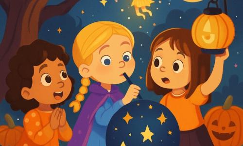 Há 3 personagens: - Marta: uma menina de 6 anos, com cabelos cacheados castanhos, vestindo uma roupa laranja com bolinhas brancas. Ela está à esquerda, olhando para o balão com olhos maravilhados. - Lia: uma menina de 6 anos, com cabelos loiros trançados, vestida com uma capa roxa brilhante. Ela está no centro, segurando o canudo para soprar no balão, com um sorriso determinado. - Bia: uma menina de 6 anos, com cabelos lisos castanhos, segurando uma lanterna em forma de abóbora. Ela está à direita, levantando a lanterna para iluminar o balão, com um olhar curioso. O cenário é um jardim de Halloween, cheio de folhas coloridas, abóboras esculpidas com rostos sorridentes e uma grande árvore de galhos retorcidos, sob um céu estrelado e uma lua brilhante. As sombras dançam no chão, criando uma atmosfera mágica e misteriosa. A cena principal mostra as três amigas reunidas em torno de um grande balão azul-escuro decorado com estrelas cintilantes. Elas sopram juntas no balão, seus rostos iluminados pela luz suave da lanterna, enquanto uma pequena fada luminosa flutua acima delas, acrescentando um toque de magia à cena.