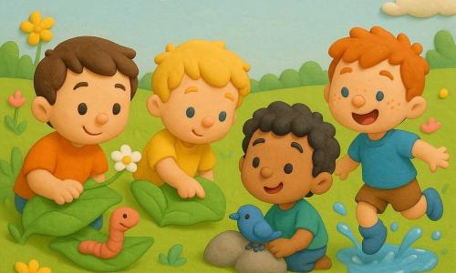 Hay cuatro niños de unos 6 años: Manu (pelo castaño corto) a la izquierda, inclinado hacia los demás mientras sostiene una gran hoja con una marioneta de lombriz y una pequeña flor blanca; Leo (pelo rubio alborotado) junto a él tocando una gran hoja; Nico (pelo negro rizado) al centro-derecha, sonriente como si escuchara un pájaro junto a una pequeña piedra; y Sam (pelo pelirrojo y pecas) a la derecha, saltando en un charco brillante con gotas alrededor. Están en un prado primaveral luminoso con césped corto, flores silvestres, un pequeño arroyo con piedras redondas y una rama caída; un cielo azul pálido con pocas nubes y un sol amarillo. Una mariposa de alas coloridas vuela sobre el grupo; la escena transmite tactilidad, colores saturados, formas redondeadas, iluminación cálida y sombras suaves.