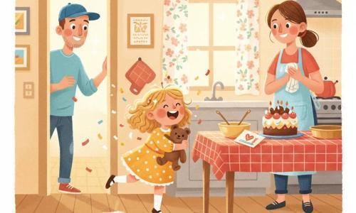 A happy, excited 4-year-old girl with shoulder-length curly blonde hair and rosy cheeks, in a yellow polka-dot dress, holds a brown teddy bear and jumps shouting "Surprise!" toward a wooden table; a woman (mother, ~30–35) with tied brown hair and a flour-stained light blue apron smiles near the oven, wiping her hands; a man (father, ~30–40) wearing a blue cap and light beard looks surprised as he enters the bright, warm kitchen; on the table is a cake with colorful frosting and a handmade card, confetti and paper glitter around—capturing a joyful Father's Day surprise.