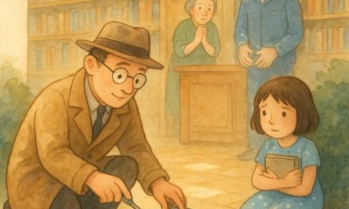 A gentle-faced detective in his mid-40s with round glasses, a light brown coat and fedora kneels by a small metal vent, gently prying it open with a screwdriver; nearby, Junie, about 8, short brown hair and a light-blue polka-dot dress, sits in a bush's shadow by the library entrance clutching a sketchbook, relieved but shy; Ollie the postman, about 30, in a blue jacket and cap with flour-dusted hands, stands near the library threshold looking embarrassed and touched; Mrs. Lumen, the round-faced librarian in her 60s with gray hair in a bun and a green dress, stands by the counter with hands to her heart watching the detective and Ollie; interior of a small charming library with light wood shelves, an exhibition table displaying a blue-covered book with a creased ribbon, squares of sunlight on the parquet floor and an open vent at the base of the wall; main moment: the discovery of the hidden blue book in the vent, faint dusting of flour on the key and floor, a soft, light-filled, calming atmosphere rendered in delicate watercolor with pastel tones.