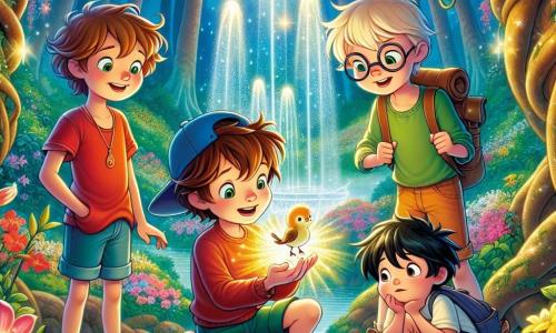 In a beautiful secret garden, four little adventurers stand together. Leo, a six-year-old boy with messy brown hair and a red t-shirt, looks in wonder at a large glowing flower. Next to him, Max, another six-year-old boy with blonde hair and a blue cap, smiles while holding a small injured bird in his hands. Sam, a six-year-old boy with round glasses and a green t-shirt, kneels beside them, observing the little bird with compassion. Finally, Ben, a six-year-old boy with black hair and wearing orange shorts, stands a bit apart, arms crossed, looking thoughtful as he watches the scene. The secret garden is filled with colorful flowers with sparkling petals, large trees with gnarled trunks, and a small stream flowing gently, creating a magical atmosphere. In the center, a sparkling fountain sprays drops of water that shine like diamonds in the sun. The four friends are helping the injured bird, creating a soft nest with leaves and flowers to provide it shelter and love.