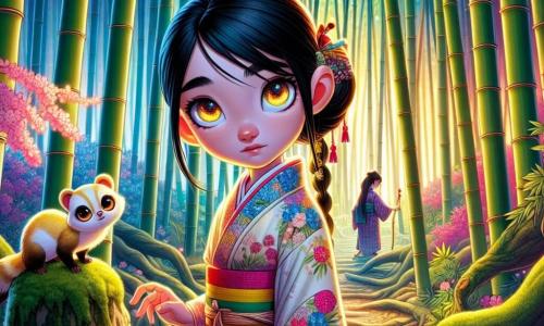 Yukiko, eine junge Frau mit langen schwarzen Haaren und neugierigen Augen, steht im Zentrum eines Bambuswaldes, ihr Gesicht von Entschlossenheit und Staunen geprägt. Sie trägt einen traditionellen Kimono mit zarten Blumenmustern, der sich harmonisch mit den lebhaften Farben der Natur verbindet. Neben ihr sitzt ein kleiner Frettchen mit leuchtenden Augen und goldenem Fell, der sie mit einem schelmischen Blick zu ermutigen scheint. Er sitzt auf einem moosbedeckten Stein, bereit, sie auf ihrem Abenteuer zu begleiten. Die Szene spielt sich in einer geheimnisvollen Bambuslandschaft ab, wo die Bambusstämme hoch in den Himmel ragen und ein Spiel von Schatten und Licht erzeugen. Kirschblüten fallen sanft um sie herum und verleihen der Atmosphäre einen Hauch von Magie. Yukiko steht vor einem schmalen Weg und zögert zwischen drei geheimnisvollen Pfaden, die mit alten Symbolen markiert sind, die jeweils ein anderes Abenteuer versprechen. Die Luft ist voller Geheimnisse und Aufregung, während sie sich darauf vorbereitet, eine entscheidende Wahl zu treffen, um die Harmonie in ihrem Dorf wiederherzustellen.