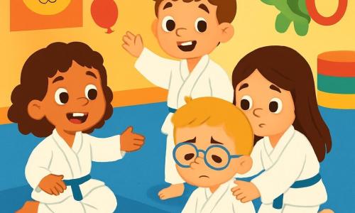 Há 4 crianças: Ana, uma menina de 6 anos com cabelos castanhos e cacheados, vestindo um quimono branco, sorri alegremente e mostra como se sentar no tapete. Tomás, um menino de 6 anos com cabelos loiros e óculos, está se levantando após ter caído; ele parece um pouco triste, mas sorri para os amigos. Sofia, uma menina de 5 anos com cabelos longos e lisos, também veste um quimono branco e está agachada perto de Tomás, com uma expressão preocupada. Lucas, um menino de 5 anos com cabelos castanhos e um grande sorriso, está em pé ao lado de Ana, pronto para ajudar. As crianças estão sobre um grande tapete azul, macio e luminoso, em uma sala de ginástica cheia de cores vibrantes. As paredes são decoradas com desenhos de animais e balões, e há equipamentos esportivos ao redor. A cena principal mostra Ana, Tomás, Sofia e Lucas brincando de judô. Ana ensina Lucas a se sentar, enquanto Tomás, após a queda, recebe um abraço reconfortante de Sofia. Todas as crianças estão sorrindo e felizes, ilustrando o espírito de equipe e amizade.