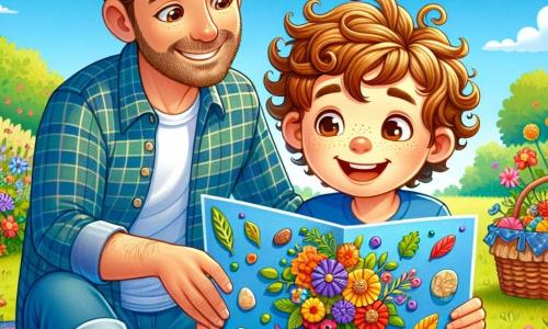Un băiat de 10 ani, Andrei, cu părul brun și creț, cu un zâmbet mare pe față, stă pe o pătură colorată într-o grădină frumoasă. Poartă un tricou albastru și o pereche de pantaloni scurți galbeni, ținând în mână o carte de felicitare mare, făcută manual, decorată cu frunze și pietre colorate, cu ochii strălucind de entuziasm. Lângă el, tatăl său, un bărbat în vârstă de patruzeci de ani, cu părul șaten și o barbă ușoară, zâmbește mândru privindu-l pe fiul său, îmbrăcat într-o cămașă cu carouri și blugi. Sunt înconjurați de flori colorate și copaci verzi, sub un cer albastru deschis presărat cu nori albi. Scena reprezintă momentul în care Andrei îi dezvăluie tatălui său cadoul surpriză pentru ziua tatălui, creând o atmosferă veselă și caldă, plină de dragoste și complicitate.