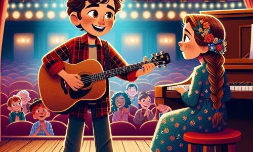 Un joven, Mateo, está de pie en un escenario de madera, con los ojos brillantes de alegría y emoción. Tiene el cabello castaño ligeramente rizado, una camisa de cuadros roja y jeans casuales. Sostiene una guitarra acústica, sus dedos se deslizan con facilidad por las cuerdas, mientras una radiante sonrisa ilumina su rostro. A su lado, Paula, una niña de 12 años, está sentada al piano. Tiene el cabello largo castaño trenzado y lleva un vestido azul con flores. Lo mira con admiración, lista para acompañarlo en la melodía. El lugar es un teatro acogedor, con cortinas rojas de terciopelo y luces centelleantes que iluminan el escenario. Los asientos están llenos de niños y adultos, todos cautivados por la actuación. La situación principal muestra a Mateo y Paula tocando una hermosa melodía juntos, sus rostros brillando de felicidad, mientras el público aplaude con entusiasmo, creando una atmósfera mágica y alegre.