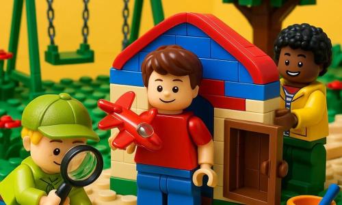 Tres niños de unos 5 años en un parque infantil de ladrillos y arena: al centro un niño de pelo castaño corto con camiseta roja y pantalón azul sostiene un pequeño avión rojo brillante frente a una pequeña puerta cuadrada en la base del tobogán; a la izquierda, un niño rubio con gorra verde de detective y lupa examina una pluma plateada en el suelo; a la derecha, un niño de pelo negro rizado con chaqueta amarilla abre la puerta secreta con ambas manos; escena luminosa y alegre, colores vivos, expresiones felices, enfoque en la puerta abierta y el avión brillante.