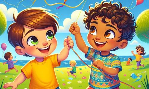 A 4-year-old boy, Leo, with brown hair and sparkling eyes, joyfully smiles while holding a colorful kite in his small hands. He wears a bright yellow t-shirt and blue shorts, standing on the green grass of the park, surrounded by colorful flowers. Next to him is Amir, a 4-year-old boy with curly hair and caramel skin, laughing as he tries to fly his own kite. He wears a colorful patterned shirt and red shorts, leaning slightly forward with enthusiasm. The park is sunny, with majestic trees and a blue sky dotted with white clouds. Children play in the background, and balloons float in the air. The scene shows Leo and Amir having fun together, their kites in the air, symbolizing their friendship and the beauty of diversity.