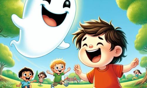 Un pequeño fantasma llamado Gasparín flota alegremente sobre un césped verde, con una gran sonrisa en su rostro translúcido y ojos brillantes de felicidad. Tiene una forma redondeada, con bordes ligeramente ondulados, y una suave luminosidad que lo rodea, creando una atmósfera amigable y cálida. A su lado, un niño llamado Tomás, de unos 8 años, con cabello castaño alborotado y una camiseta roja, ríe a carcajadas levantando los brazos para imitar los movimientos de Gasparín. Está sentado en la hierba, rodeado de sus amigos, todos cautivados por el fantasma. El lugar es un parque soleado, con árboles de hojas verdes brillantes, flores coloridas y un gran área de juegos al fondo. Niños juegan y ríen, mientras un cielo azul claro se extiende sobre ellos. La escena principal muestra a Gasparín y Tomás jugando juntos, el fantasma enseñando a los niños a hacer muecas divertidas, mientras los otros niños los miran con sonrisas asombradas, creando una escena alegre y llena de vida.