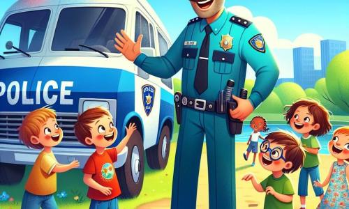 Ein lächelnder Polizist, ein großer Mann mit einem gut gestutzten Schnurrbart und einer leuchtend blauen Uniform, steht im Mittelpunkt des Bildes. Er hat funkelnde Augen und ein breites Lächeln, das zeigt, dass er sich freut, mit den Kindern zu interagieren. Er zeigt sein Polizeifahrzeug, einen großen Van mit blinkenden Lichtern und einer Sirene, während er seinen Beruf erklärt. Um ihn herum versammelt sich eine Gruppe von vier Kindern. Tim, ein 8-jähriger Junge mit zerzausten braunen Haaren, trägt ein rotes T-Shirt und blaue Shorts. Er springt vor Freude mit erhobenen Armen, begeistert vom Polizisten. Lisa, ein 7-jähriges Mädchen mit blonden Zöpfen, trägt ein Blumenkleid und schaut den Polizisten mit weit geöffneten Augen an, fasziniert von seiner Geschichte. Max, ein 9-jähriger Junge mit Brille und grünem T-Shirt, beugt sich neugierig vor, um das Fahrzeug zu berühren. Schließlich hält ein weiteres Mädchen, Mia, 6 Jahre alt mit kastanienbraunen Haaren und einem strahlenden Lächeln, eine Zeichnung, die sie vom Polizisten und seinem Fahrzeug gemacht hat, bereit, sie ihm zu zeigen. Die Szene spielt in einem sonnigen Park, der mit grünen Bäumen und bunten Blumen gefüllt ist. Im Hintergrund spielen Kinder, während Vögel in den Zweigen singen. Der Himmel ist blau mit ein paar flauschigen weißen Wolken, was eine fröhliche und einladende Atmosphäre schafft. Die Hauptsituation zeigt den Polizisten, der den Kindern Geschichten über seinen Beruf erzählt, während sie aufmerksam zuhören, gefesselt von seinen Abenteuergeschichten und Sicherheitsgeschichten, und sich um sein Fahrzeug herum amüsieren.