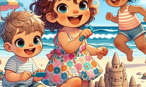 Een klein meisje van 2 jaar, genaamd Emma, met grote glanzende ogen en krullend kastanjebruin haar, glimlacht vrolijk terwijl ze een zandkasteel bouwt op het strand. Ze draagt een kleurrijke bloemenjurk en zit op haar hurken met een klein plastic schepje. Naast haar staat Lucas, een jongen van 3 jaar met rommelig blond haar en een gestreept t-shirt, die zijn armen in de lucht steekt en lacht omdat hij net een zandtoren heeft gebouwd. Direct daarachter rent Sophie, een meisje van 2 jaar met bruin haar in twee staartjes en een roze rok, naar hen toe met schelpen in haar handen, klaar om het kasteel te versieren. De locatie is een zonnig strand, met zachte golven die op de kust slaan, kleurrijke parasols en kinderen die in de verte spelen. De lucht is blauw met enkele donzige witte wolken. De hoofdscène toont Emma en haar vrienden die lachen en plezier hebben terwijl ze proberen hun zandkasteel te beschermen tegen een grote plas water die dichterbij komt, terwijl ze samen momenten van vreugde en vriendschap delen.