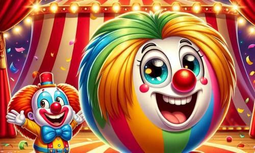 Al centro dell'immagine, Palla, una piccola palla di clown rotonda e colorata, con un grande sorriso e occhi scintillanti, salta gioiosamente su un tappeto da circo rosso e dorato, circondata da coriandoli colorati. Accanto a lei, Mimo, un clown malizioso con un naso rosso e capelli arruffati, ride a crepapelle, con le braccia alzate in aria, come se applaudisse l'entusiasmo di Palla. Sullo sfondo, il grande tendone del Circo dei Sogni si erge maestosamente, con strisce rosse e bianche, e luci scintillanti che illuminano la scena. La situazione principale mostra Palla e Mimo che scoprono con meraviglia un mucchio di nasi di clown rossi che rotolano attorno a loro, creando un'atmosfera gioiosa e festosa, piena di magia e amicizia.