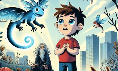 Un ragazzo di 6 anni, di nome Luca, con i capelli castani in disordine e occhi pieni di curiosità, si trova al centro dell'immagine. Indossa una maglietta rossa e un pantaloncino blu, e il suo viso esprime meraviglia mentre guarda una piccola lucertola blu con ali scintillanti, di nome Lila, che vola intorno a lui. Lila, una creatura magica, ha ali traslucide e occhi luminosi, fluttuando gioiosamente nell'aria. Sullo sfondo, un mago triste, con una lunga barba grigia e un mantello nero, è leggermente accovacciato, osservando la scena con uno sguardo malinconico. È seduto su una pietra, circondato da nuvole grigie che sembrano schiarirsi lentamente. Il luogo è un parco urbano, un tempo vibrante, ma ora oscurato da alberi con foglie opache e fiori appassiti. Edifici moderni si ergono sullo sfondo, mentre raggi di sole iniziano a penetrare tra le nuvole, illuminando il parco con una luce dorata. La scena principale mostra Luca che tende la mano verso Lila, che brilla di una luce magica, mentre cercano di ridare vita agli alberi tristi del parco, con il mago triste sullo sfondo, pronto a ritrovare la gioia.