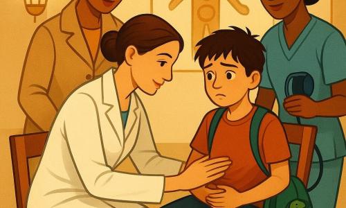 O tânără doctoriță zâmbitoare dar concentrată, părul șaten prins în coc, în halat alb, se apleacă pentru a examina un băiat de circa 10 ani cu părul castaniu zburlit și privire îngrijorată, ținând un rucsac verde cu un dino brodat; el stă pe un scaun cu mâna pe partea inferioară dreaptă a abdomenului, palid dar curajos; mama stă în picioare în spate, mâna pe umărul fiului, cu aspect îngrijorat dar încrezător; o asistentă tânără zâmbitoare, în halat albastru și cu un tensiometru, este ușor retrasă în dreapta; loc: mică sală de triaj calmă, lumină caldă, pereți crem și un afiș mare stilizat, o masă cu carnet deschis și termometru; situație: consultație liniștitoare în care doctorița palpează ușor pentru a localiza durerea, echipa formează un cerc protector, atmosferă blândă și sigură, compoziția centrată pe gesturi și priviri.