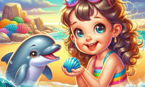 A 6-year-old girl with curly hair and sparkling eyes smiles in wonder while holding a shiny blue shell in her hand. She is wearing a colorful swimsuit and sunglasses. Beside her, a friendly dolphin with gray scales and a joyful smile jumps out of the water, splashing sparkling droplets around them. The backdrop is a beautiful golden sandy beach with turquoise waves gently breaking on the shore and a clear blue sky dotted with fluffy white clouds. In the distance, rocks covered in green seaweed and colorful corals enhance the underwater beauty. The main scene shows the girl and the dolphin getting ready to dive into the ocean, filled with excitement and curiosity, eager to explore a magical world beneath the waves.