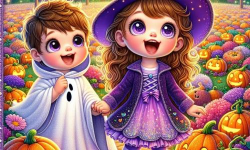 A 4-year-old girl named Lily, with big bright eyes and curly brown hair, smiles in wonder while holding her friend's hand. She is wearing a purple witch costume with a pointed hat and a glittery skirt. Next to her, Ben, a 5-year-old boy, is dressed as a ghost in a white sheet decorated with glitter and a big friendly smile. They stand in front of a beautiful field of illuminated pumpkins, where the lights sparkle like stars on Halloween night. The place is filled with pumpkins with funny faces, surrounded by colorful autumn leaves, creating a magical and joyful atmosphere. In this scene, Lily and Ben discover the patch of magical pumpkins, amazed by the beauty and magic of Halloween night.