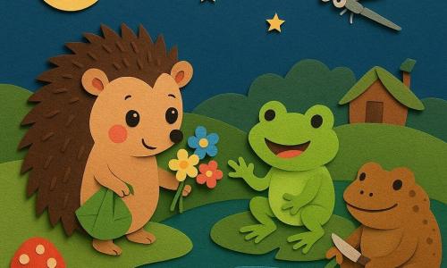 Pín, un pequeño erizo antropomorfo tímido pero feliz con ojos redondos y mejillas sonrosadas, ofrece un ramo pequeño de flores azules, amarillas y rosas; Lila, una rana verde alegre, aplaude sentada en un nenúfar; un sapo grande y marrón, algo torpe, sostiene un cuchillo de arcilla y reparte bocados de helecha; una libélula plateada vuela en zigzag; un pez naranja sopla burbujas junto al nenúfar opuesto; todo ocurre en un estanque redondo en una colina con hierba en capas tipo papel recortado, hongos rojos con puntos blancos, una casa de hojas y ramitas, luna amarilla pálida y estrellas en cielo azul noche, luz de tarde suave, ambiente cálido, tranquilo y algo adormilado, texturas de papel recortado y colores vivos pero apacibles.