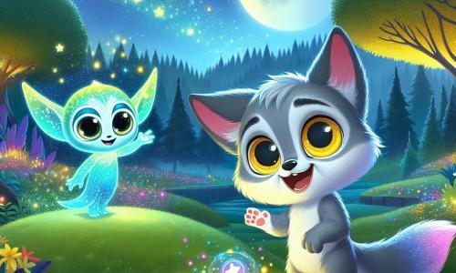 Un pequeño lobo llamado Luno, con un pelaje suave y gris que brilla bajo la luz de la luna, se encuentra en la cima de una colina verde. Sus grandes ojos amarillos brillan de emoción y curiosidad mientras observa un holograma colorido proyectado frente a él. A su lado, un extraterrestre llamado Zylor, con un cuerpo azul brillante y ojos grandes y sabios, sonríe alegremente mientras manipula un pequeño dispositivo que emite luces centelleantes. El paisaje a su alrededor es una hermosa clara del bosque de Lobería, con árboles majestuosos, flores coloridas que bailan al viento y un cielo estrellado que ilumina la escena. Luno y Zylor comparten un momento mágico, rodeados de luces multicolores y estrellas brillantes, creando una atmósfera de fiesta y descubrimiento.
