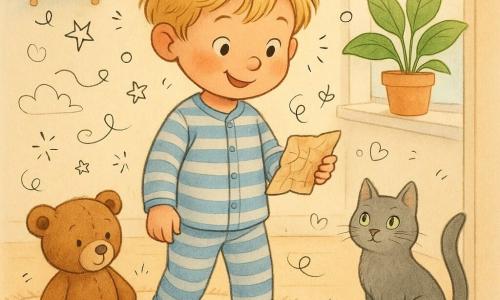 Luca, băiat de 4 ani, zâmbitor și curios, păr blond zburlit, în pijama cu dungi albastre și papuci pufoși, ține o hârtiuță mototolită și privește în jos ca la început de aventură; lângă el stă ursulețul de pluș Puf, maro și cusut, pe covorul cu stele dintr-o cameră de copii luminoasă cu pereți pastel, rafturi cu cărți și jucării și o fereastră cu lumină blândă de dimineață; pe pervaz se află plantei Frunză cu frunze lucioase, iar lângă ușă e pisica gri Miau cu coada ridicată; scena surprinde momentul în care Luca descoperă harta într-o șosetă și își adună tovarășii pentru o mică explorare imaginară, atmosferă caldă și jucăușă.