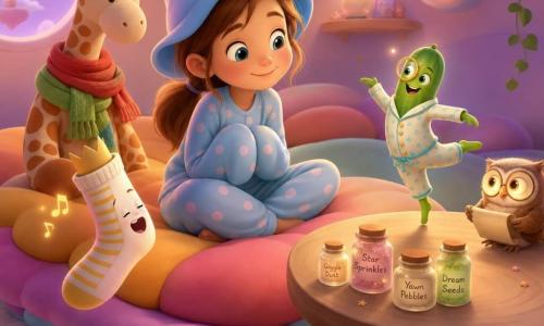 An 8-year-old girl, Maya, smiling and serene with bright eyes, rosy cheeks and a chestnut ponytail, wears a sky-blue floppy hat and polka-dot pajamas and sits cross-legged on a floating cushion with her hands tucked into her sleeves like "turtle flippers" showing the "calm turtle smile"; beside her floats a singing sock (non-human), white with yellow stripes and a paper crown, its shadow-feet just at the cushion's edge; a vivid green pickle in pajamas with a round glass monocle twirls on the central table admiring Maya; Mr. Noodle, a cream-and-orange plush giraffe wearing red and green wool scarves, sits behind her on the cushion raft observing peacefully; a tiny owl with glowing glasses perches on the table holding a small scroll and looks kindly at the girl; the room is a pillow-island—beige cloud rug, multicolored floating cushions, a light wood round table with labeled jars and a soft pink-violet lamp halo—showing a nighttime gathering of snacks and toys practicing relaxation: cozy wool and velvet textures, smiling animated objects, slow calm movements, pastel tones with bright yellow and green accents.